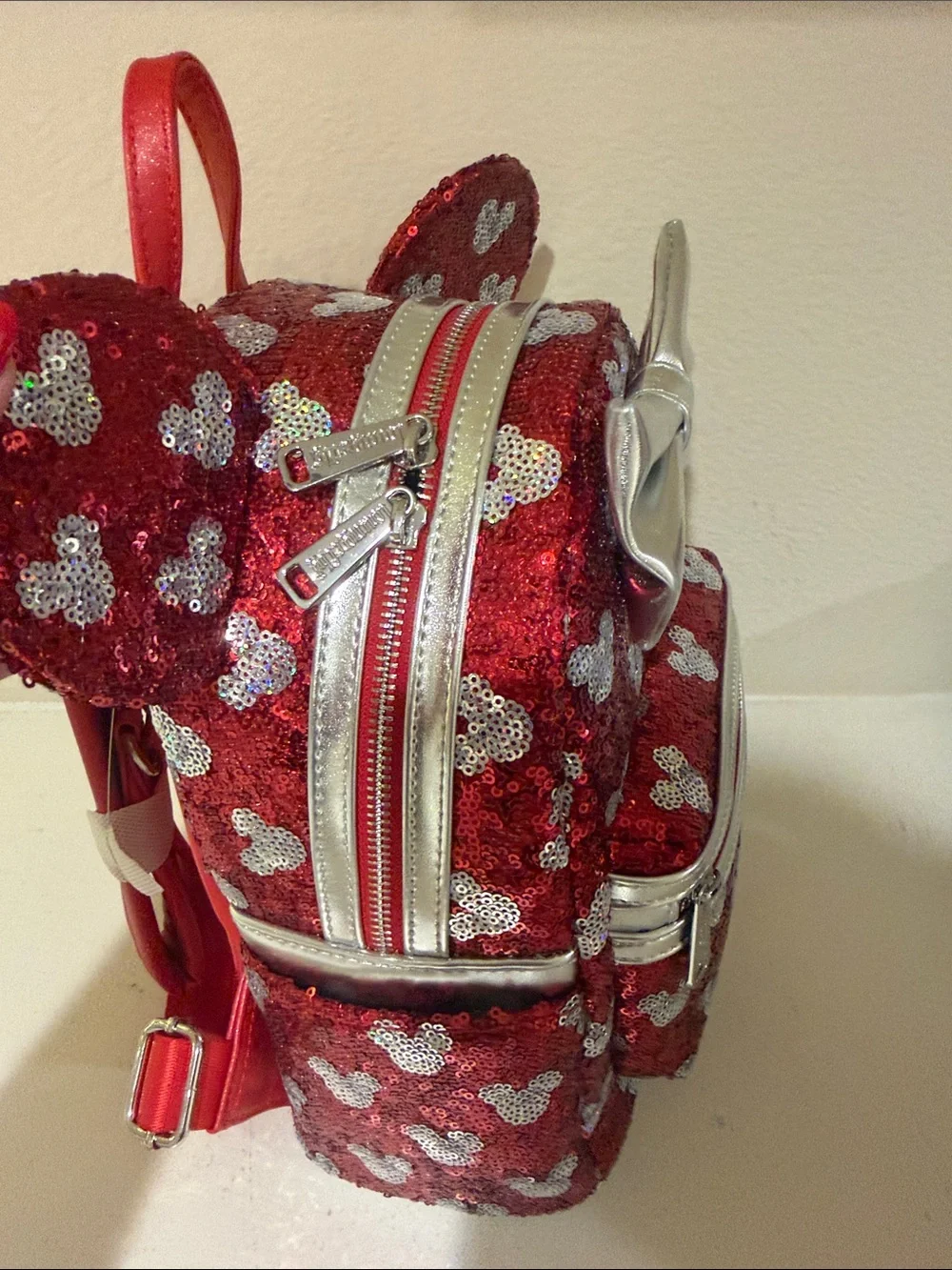 Loungefly Red Sequin Minnie Ear Mini Backpack with Silver Bow